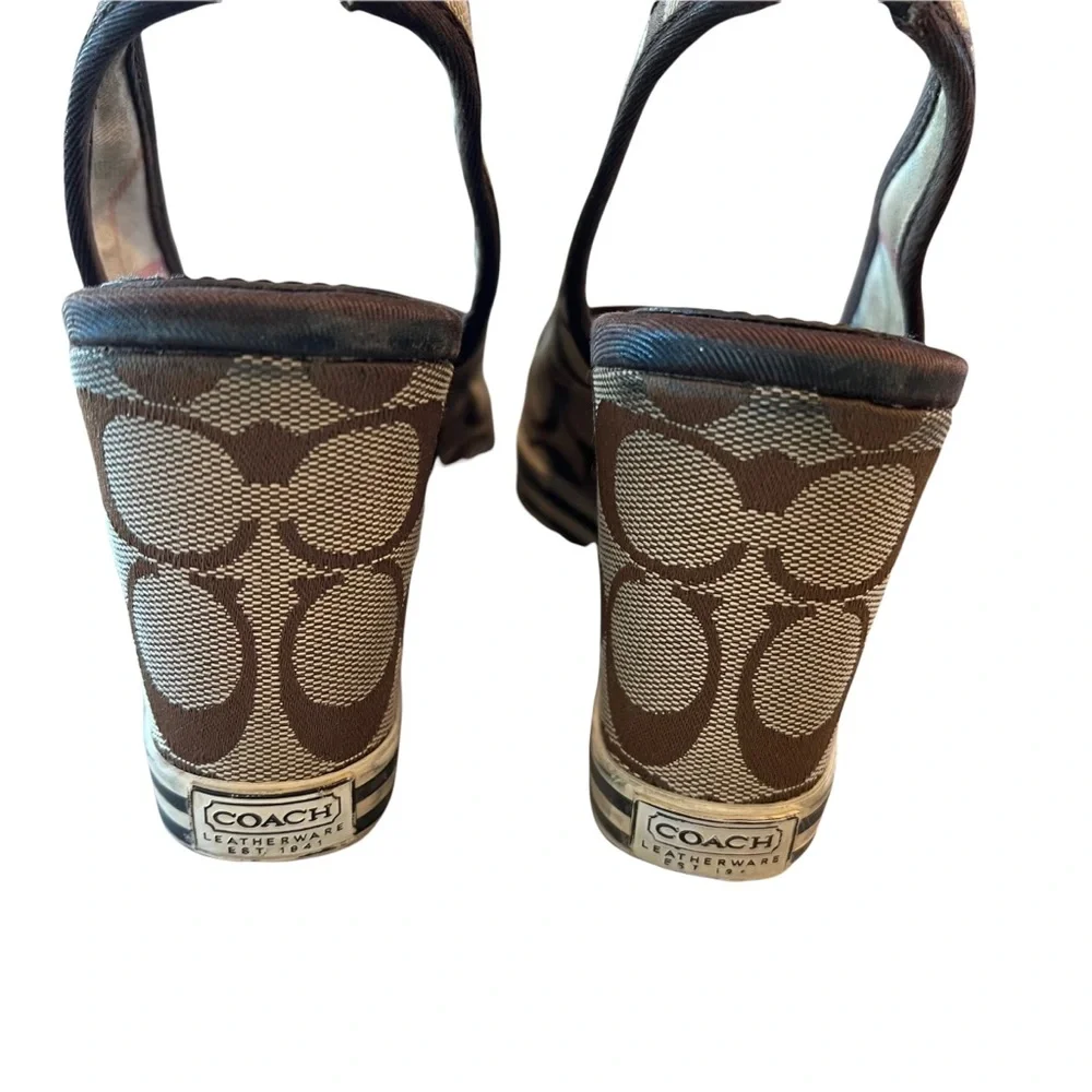 Women’s Genuine Coach Sydney Monogram Peep Toe Wedges 8.5 Brown Tan - Picture 9 of 15